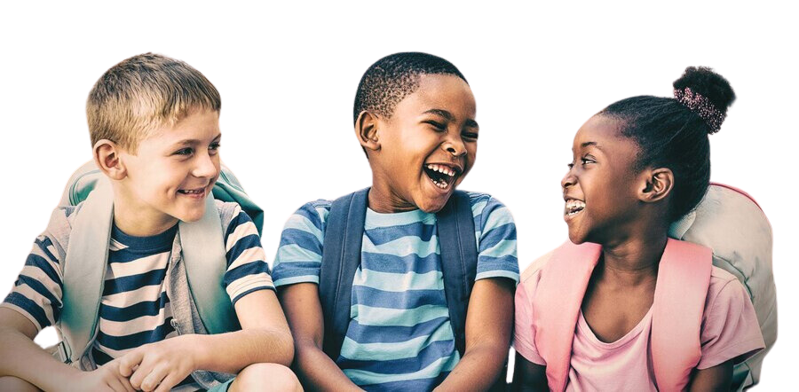 Two children are smiling and laughing together in front of a background with bold colours