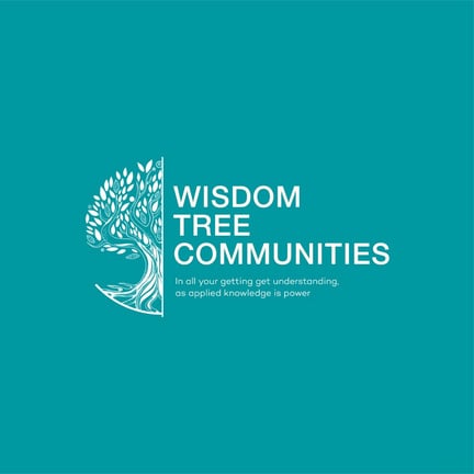 The wisdom tree communities logo on a teal background